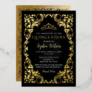 Invitation En Aluminium Vintage Black Gold Princesse Tiara Quinceañera