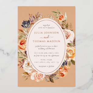 Invitation En Aluminium Vintage brûlé Orange Floral Foliage Mariage