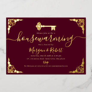 Invitation En Aluminium Vintage Burgundy Gold Key House Party