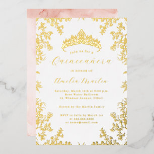 Invitation En Aluminium Vintage Floral Blush Blanc Or Quinceanera