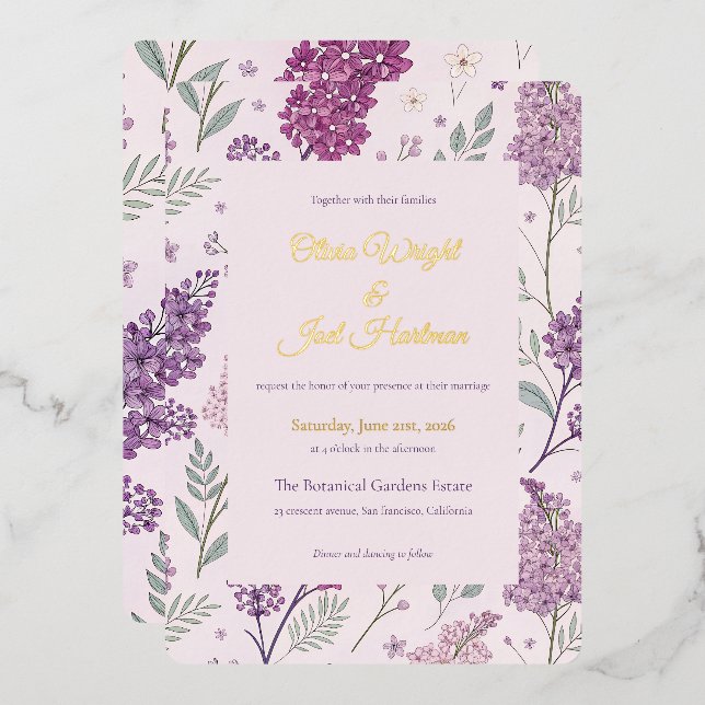 Invitation En Aluminium Vintage Lilac Garden Romance Wedding (Recto/Verso)