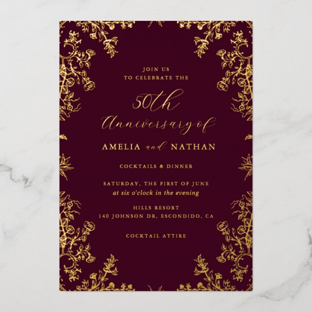 Invitation En Aluminium Vintage Or Fête d'anniversaire des 50 ans de Bourg (Recto)