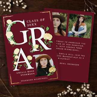 Invitation En Aluminium Vintage Photo Floral Graduation Foil Announcement