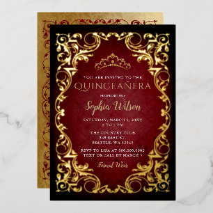 Invitation En Aluminium Vintage Red Gold Princess Tiara Quinceañera