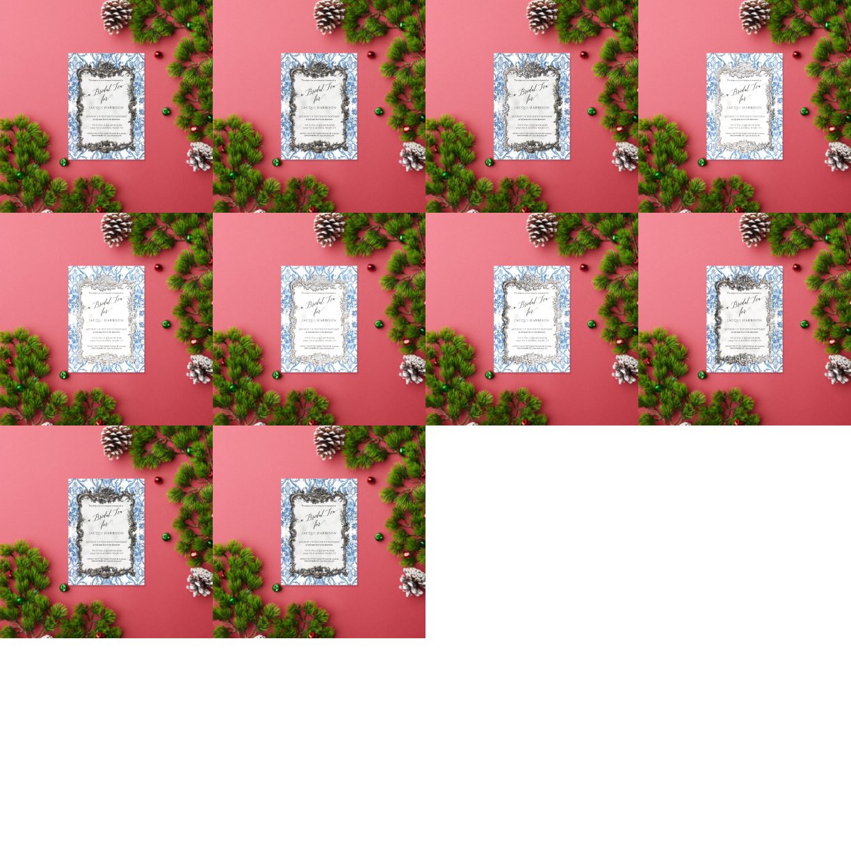 Invitation En Aluminium Vintage Rococo Floral Bleu Blanc Argent Thé nuptia