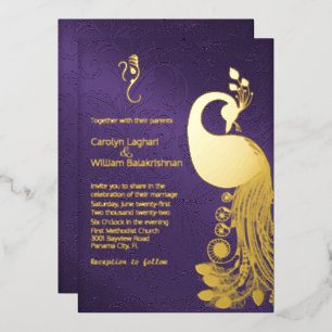 Invitation En Aluminium Violet avec Gold Peacock et Mariage Ganesha