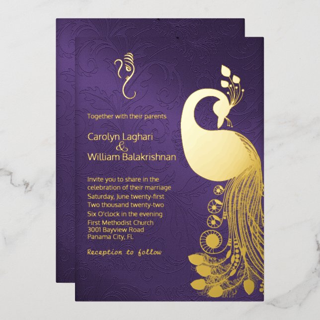 Invitation En Aluminium Violet avec Gold Peacock et Mariage Ganesha (Recto/Verso)