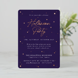 Invitation En Aluminium Violet + Etoiles dorées Fête d'Halloween