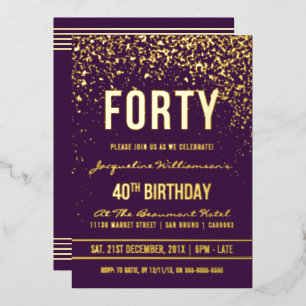 Invitation En Aluminium Violet   Gold Confetti 40e fête d'anniversaire