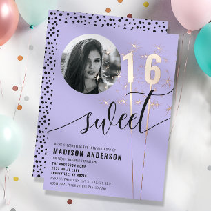 Invitation En Aluminium Violet Violet Étincelant Photo Anniversaire 16 Ans