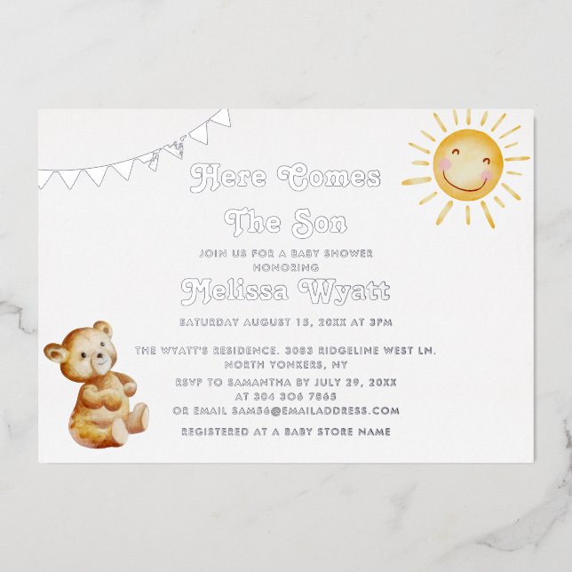 Invitation En Aluminium Voici Le Fils Ours Baby shower Argent (Recto)