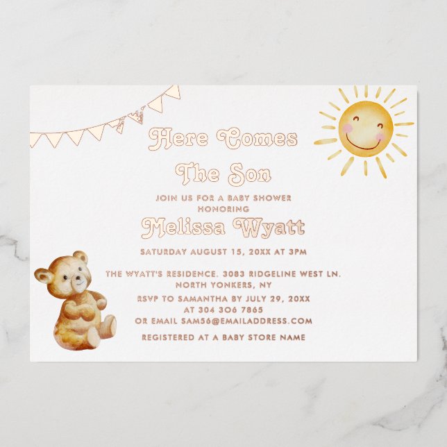 Invitation En Aluminium Voici Le Fils Ours Garçon Baby shower Rose Or (Recto)
