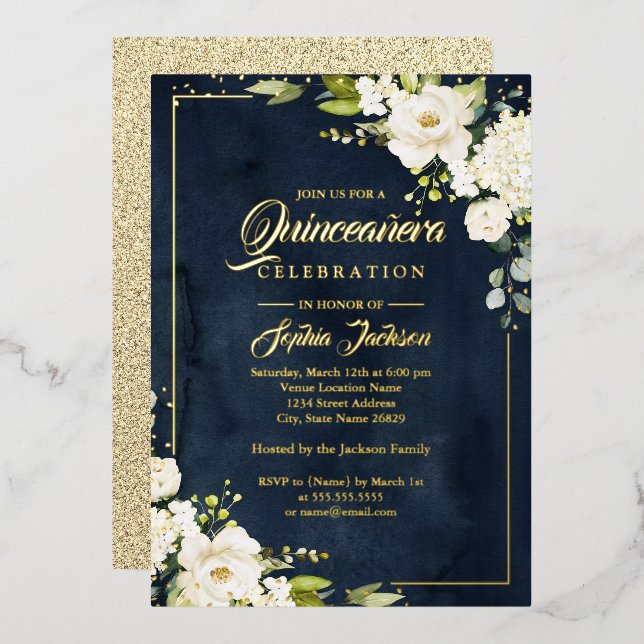 Invitation En Aluminium VRAI GOLD FOIL Floral Navy Or Quinceanera (Recto/Verso)