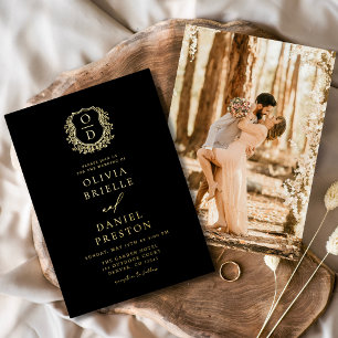 Invitation En Aluminium Vrai monogramme de crête de photo en feuille d'or