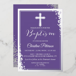 Invitation En Aluminium Vrai Paillettes Argent Lavande Violet Baptême