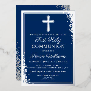 Invitation En Aluminium Vrai paillettes d'argent bleu marine Première Comm
