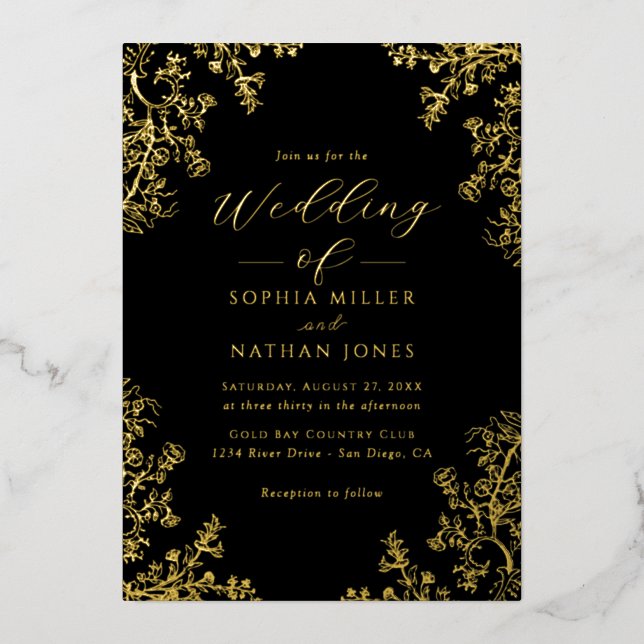Invitation En Aluminium Vrai papier d'or à motif floral en dentelle pour m (Recto)
