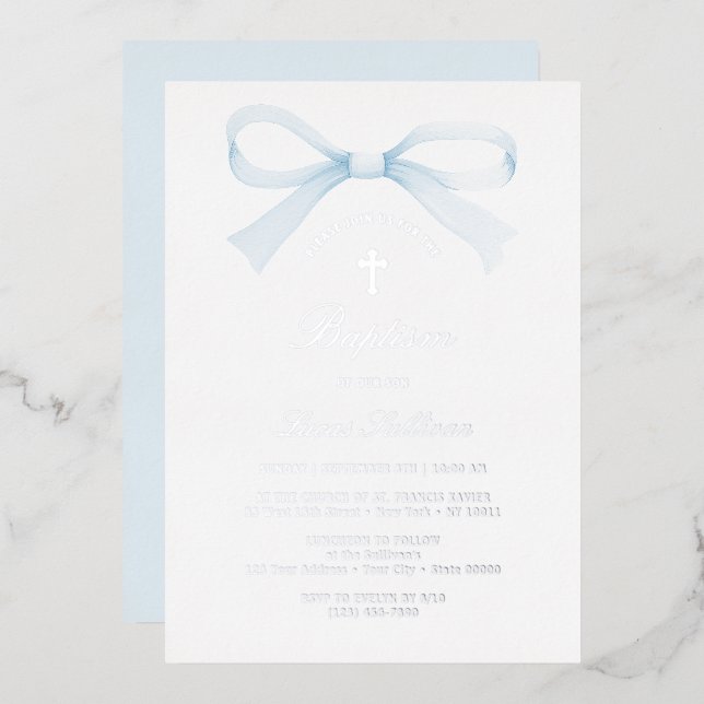Invitation En Aluminium Watercolor Blue Bow Baptism (Recto/Verso)