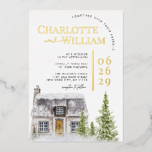 Invitation En Aluminium Watercolor Cottage Cabine Mountain Mariage d'hiver