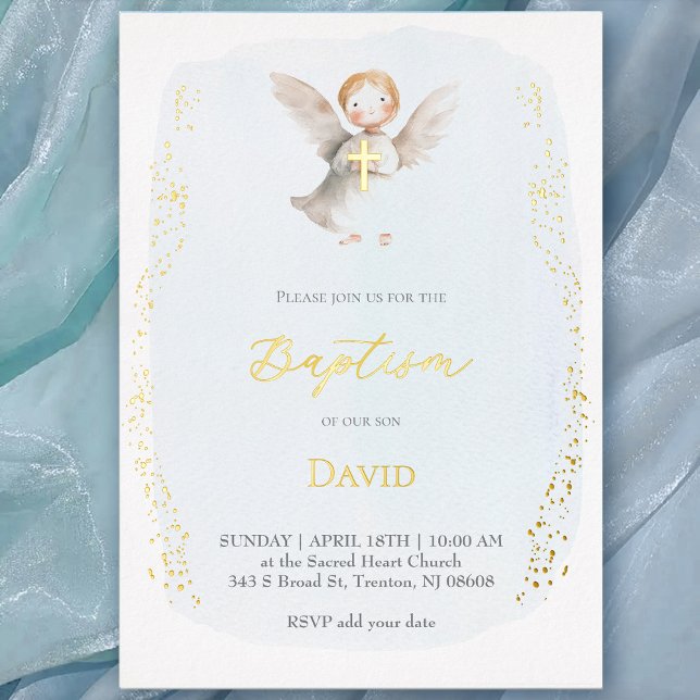 Invitation En Aluminium watercolor little angel Baptism baby boy (Créateur téléchargé)