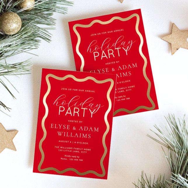 Invitation En Aluminium Wave Red Fête (Holiday Party Red Gold Foil Invitation )