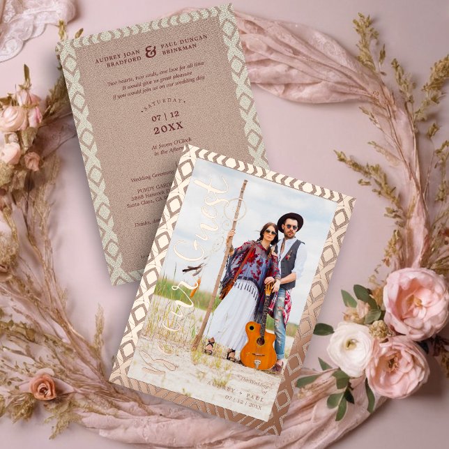 Invitation En Aluminium Wedding  Bohemian Tribal Textile Background (Real Rose Gold Bohemian Tribal Textile Texture Background Photo Couple Metallic Foil Invitation.)