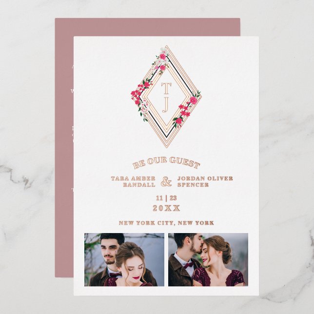 Invitation En Aluminium Wedding Initials 2 Photos Real Rose Gold Effect  (Recto/Verso)