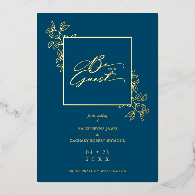 Invitation En Aluminium Wedding Navy Trendy Modern Branches Frame Photo (Recto)