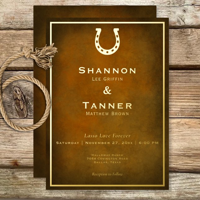 Invitation En Aluminium Western Rustic Horseshoe Brown & Gold Mariage (Western Rustic Horseshoe Brown & Gold Wedding Foil Invitation)