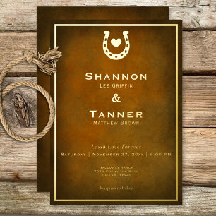 Invitation En Aluminium Western Rustic Horseshoe Coeur Brown or Mariage