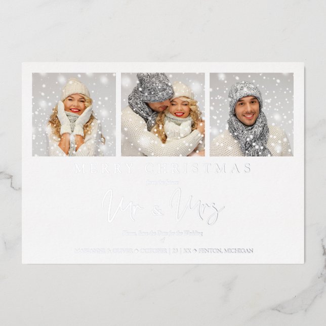 Invitation En Aluminium Whimsical MR & MRS Christmas Wedding 3 Photos (Recto)
