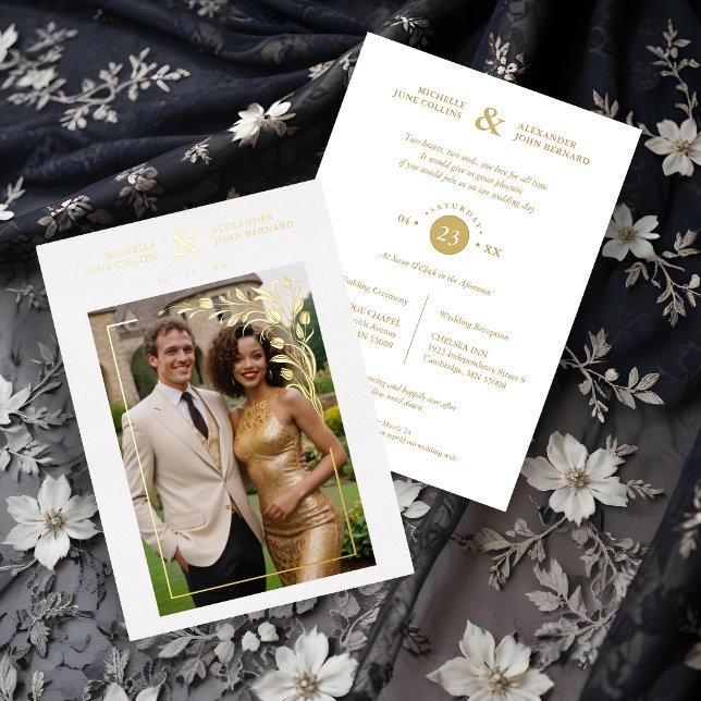 Invitation En Aluminium White Exquisite Ornate Tulips Frame Photo Wedding  (White Exquisite Ornate Tulips Frame Photo Wedding Golden metallic Foil Invitations Cards.)