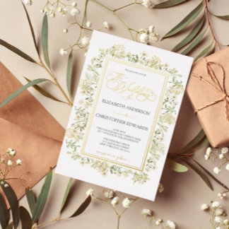 Invitation En Aluminium White Floral Botanical Wildflowers Wedding Gold