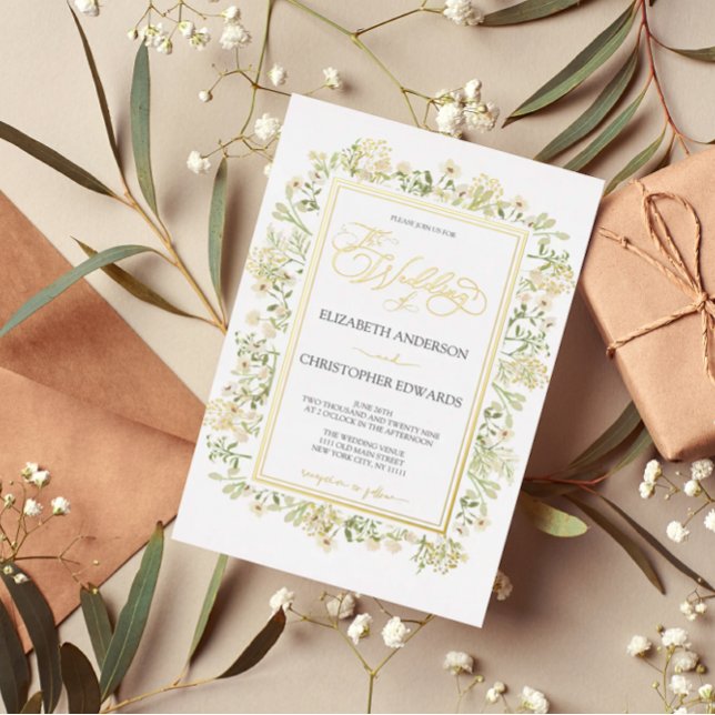 Invitation En Aluminium White Floral Botanical Wildflowers Wedding Gold (Créateur téléchargé)