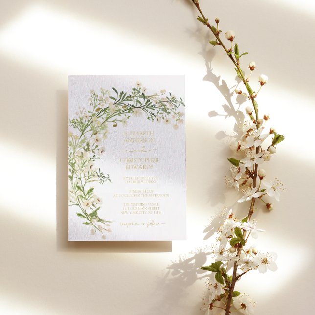 Invitation En Aluminium White Floral Wildflowers Botanical Wedding Gold (Créateur téléchargé)