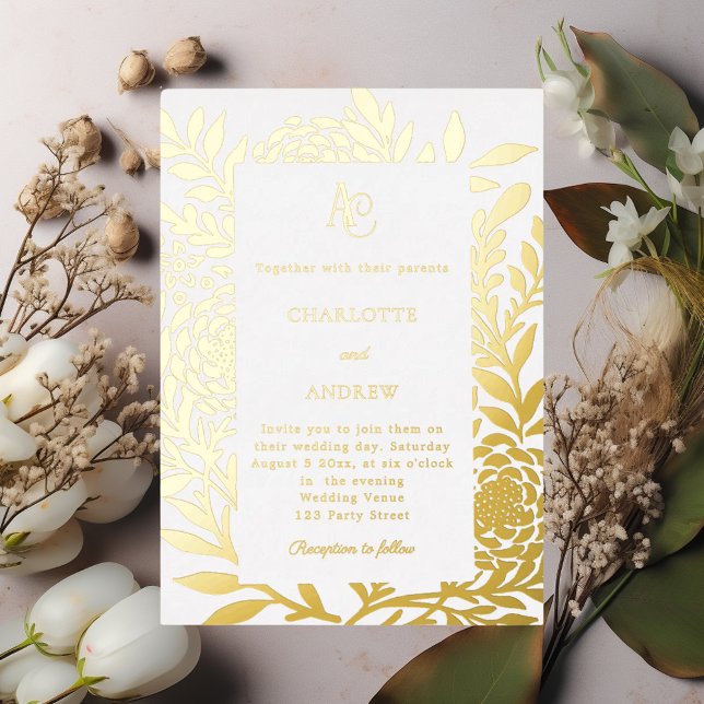 Invitation En Aluminium White gold botanical monogram luxury wedding (Créateur téléchargé)