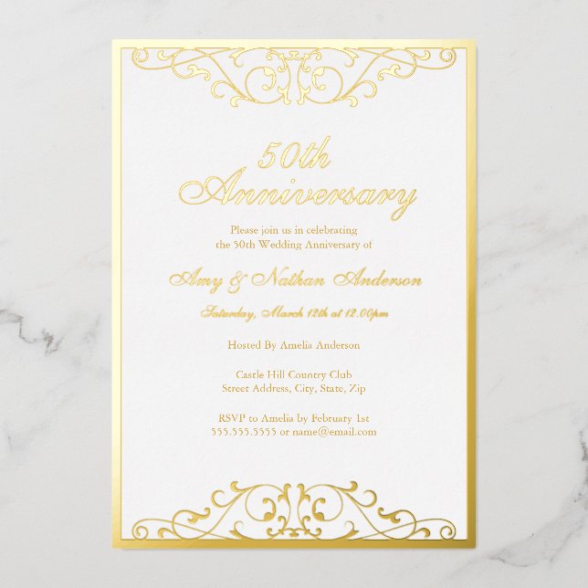 Invitation En Aluminium White Gold Elegant Swirl 50ème anniversaire Mariag (Recto)