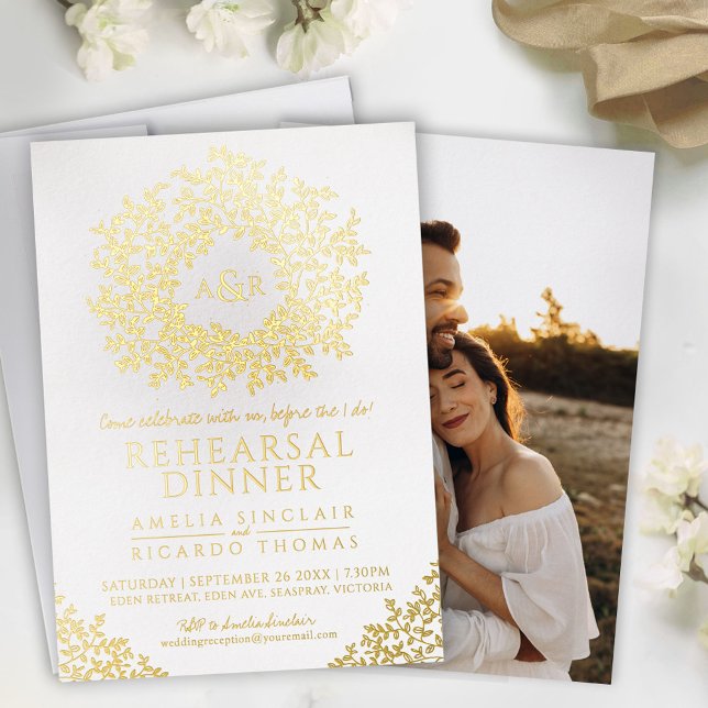 Invitation En Aluminium White gold foil monogram rehearsal dinner (Créateur téléchargé)