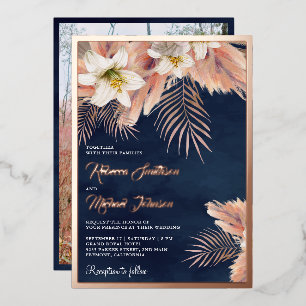 Invitation En Aluminium White Lily Boho Pampas Bleu Nuit Rose Gold Mariage