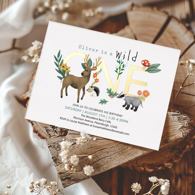 Invitation En Aluminium Wild One Rustic Woodland Animaux 1er anniversaire (Créateur téléchargé)