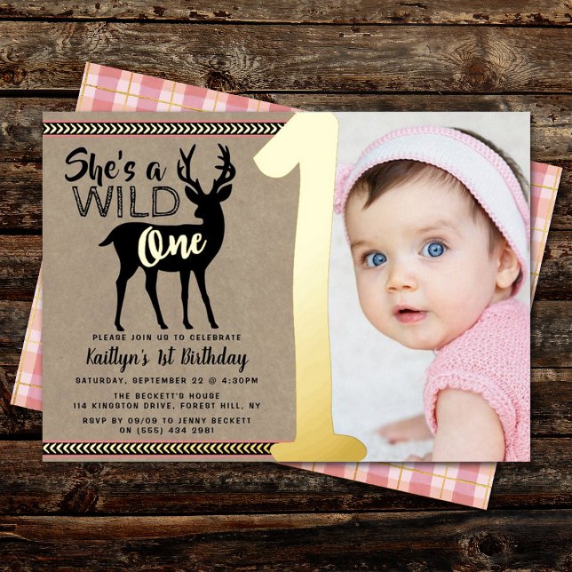 Invitation En Aluminium Wild One Woodland Deer Girls 1er Anniversaire Real (Créateur téléchargé)