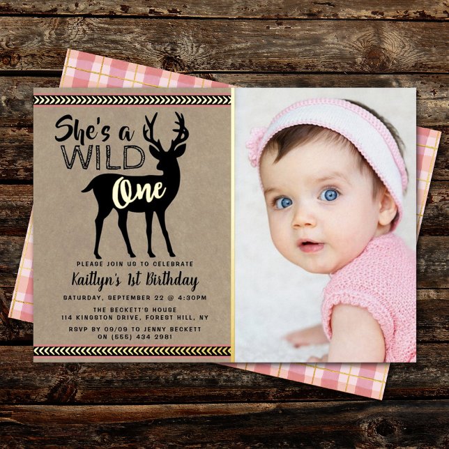 Invitation En Aluminium Wild One Woodland Deer Girls 1er Anniversaire Real (Créateur téléchargé)