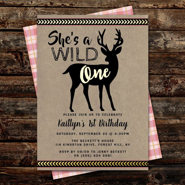 Invitation En Aluminium Wild One Woodland Deer Girls 1er Anniversaire Real (Créateur téléchargé)
