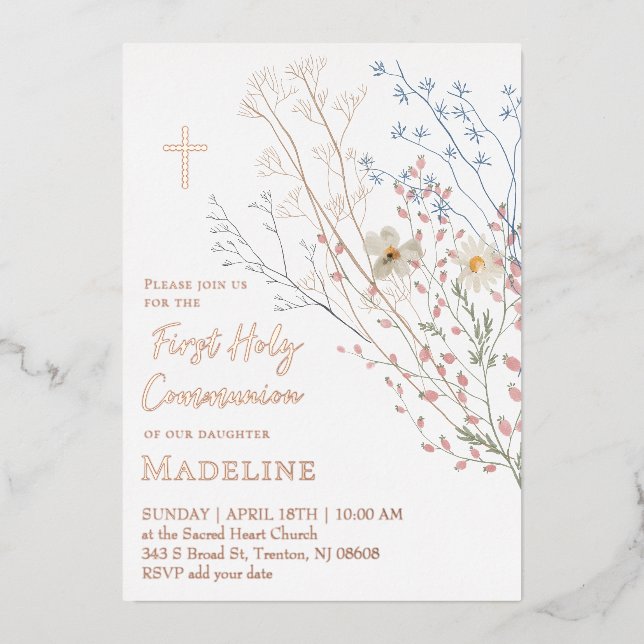 Invitation En Aluminium  wildflowers design First Holy Communion (Recto)