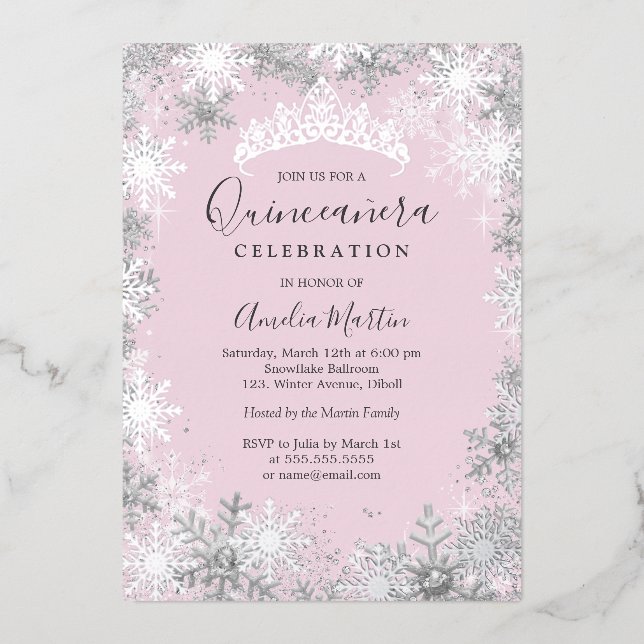 Invitation En Aluminium Winter Snowflake Pink Silver Quinceanera (Recto)