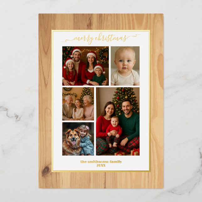 Invitation En Aluminium Wooden texture foil family Photo Christmas real (Recto)
