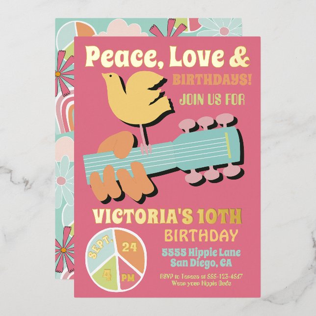 Invitation En Aluminium Woodstock Hippie Birthday Party (Recto/Verso)
