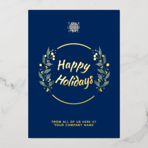 Invitation En Aluminium Wreath Navy Blue Business Holidays Gold Foil Card