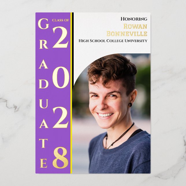 Invitation En Aluminium Yellow White Purple Black Graduation Photo Gold (Recto)