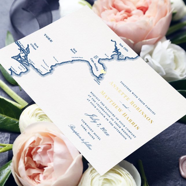 Invitation En Aluminium York Maine Mariage Marine et Gold (This Navy Blue and Gold foil York, Maine wedding invitation is perfect for your nautical wedding)